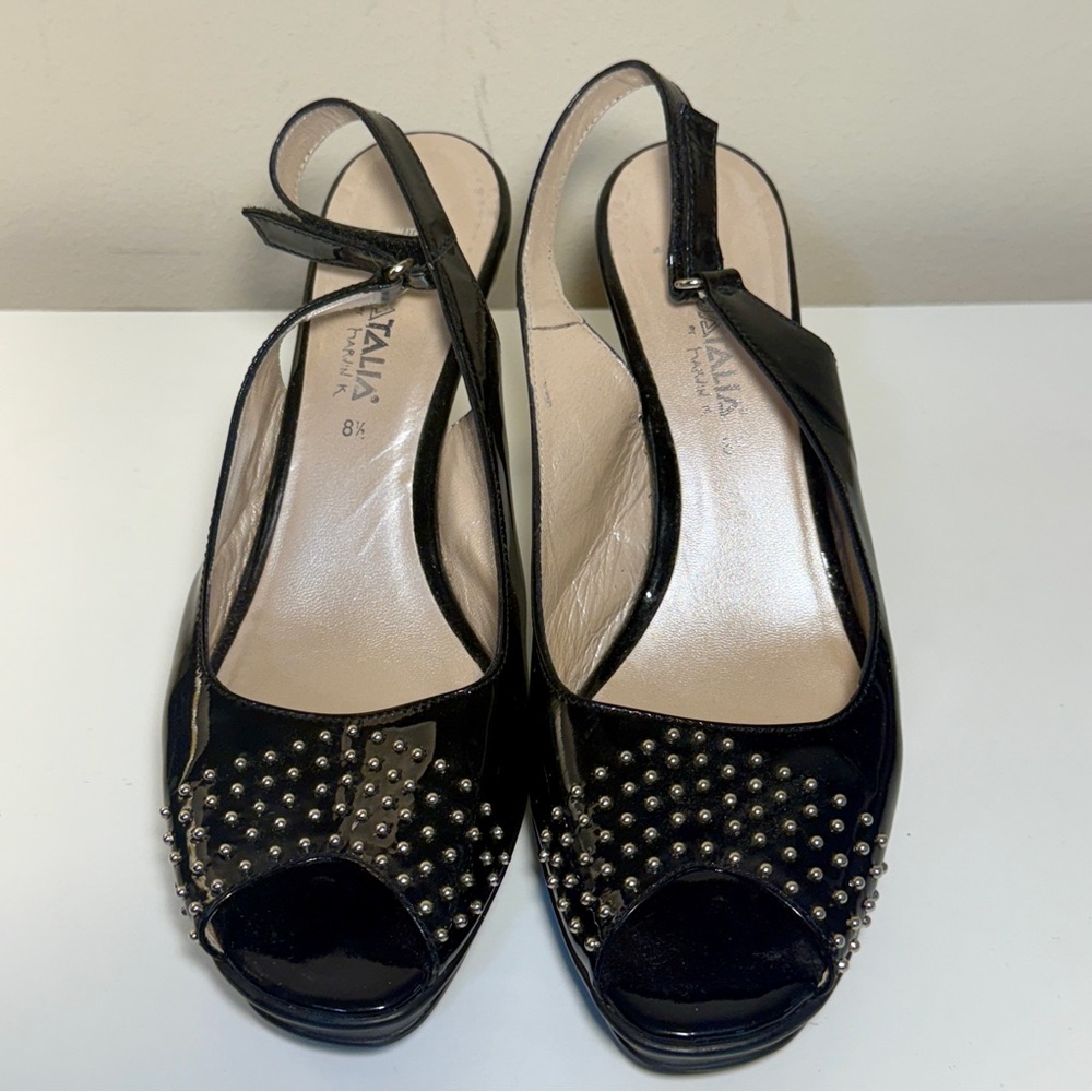 Aquatalia Black Patent Leather Peep-Toe Sling Back Heels with Silver Studs